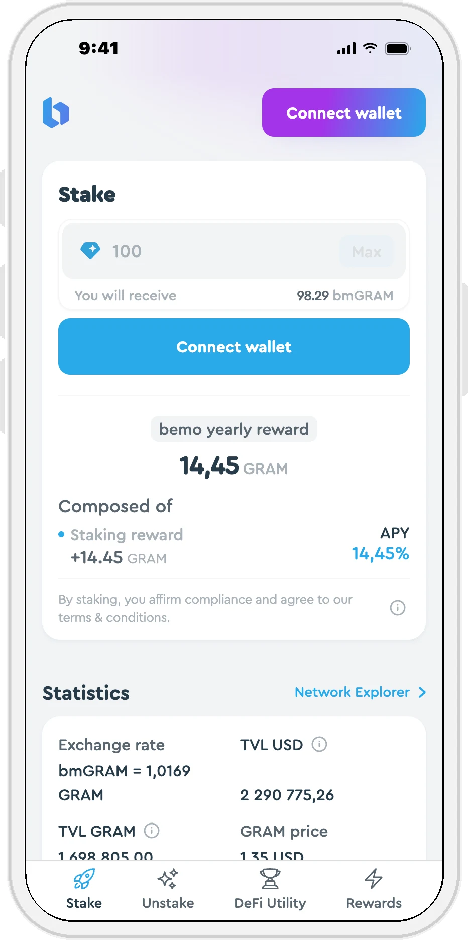 Stake: пример на 100 GRAM до ввода суммы