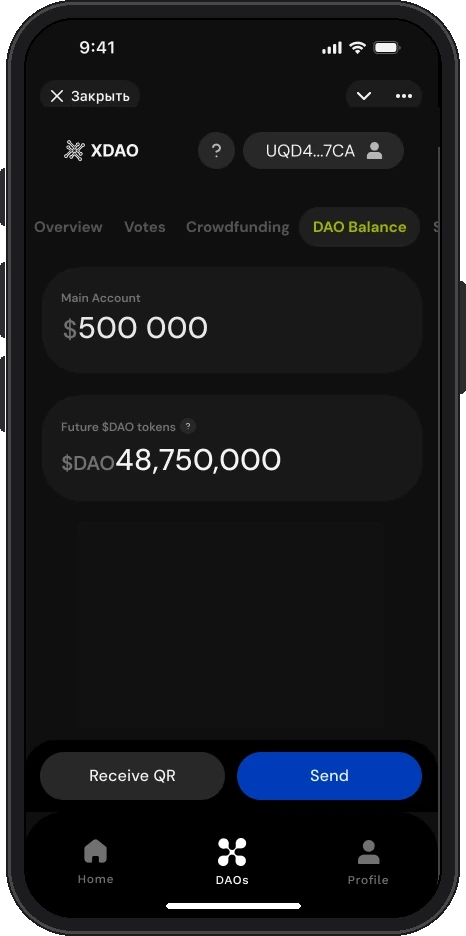 Вкладка «Баланс DAO»: основной счёт, будущие токены $DAO, монеты и NFT